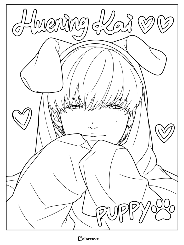 Dibujo para colorear de Huening Kai para fans de TXT, con el idol llevando orejitas de cachorro y levantando las manos.
