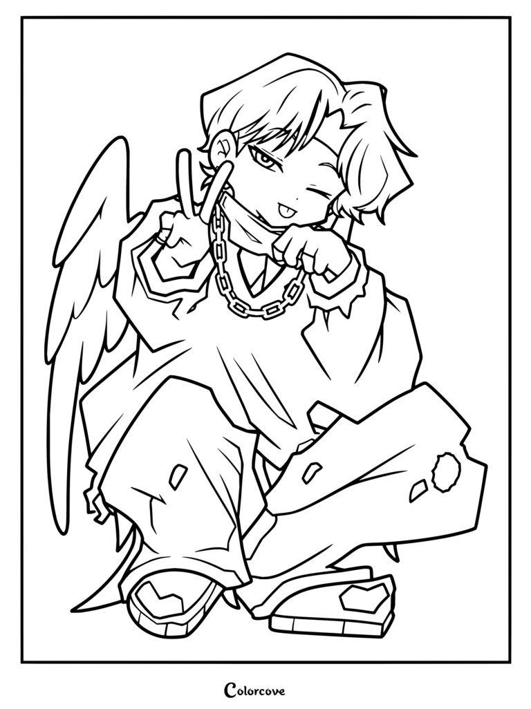 Dibujo para colorear de Huening Kai de TXT sentado con alas de ángel, un collar de cadena gruesa y haciendo el signo de la paz.