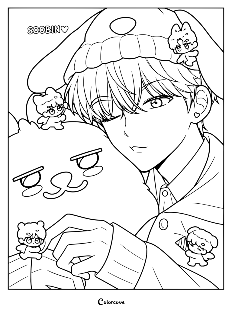 Dibujo para colorear de Soobin con un tierno retrato estilo anime junto a peluches y texto.