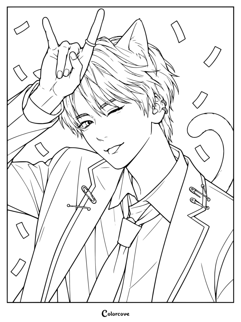 Dibujo para colorear de Taehyun con orejas de gato, haciendo el gesto de rock and roll y sonriendo entre confeti que cae.