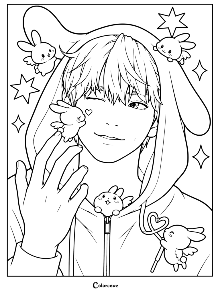 Ilustración fanart digital estilo anime para colorear de Choi Soo-bin, el líder del grupo surcoreano TXT, luciendo una sudadera con capucha de conejito rodeado de adorables conejos con alas.