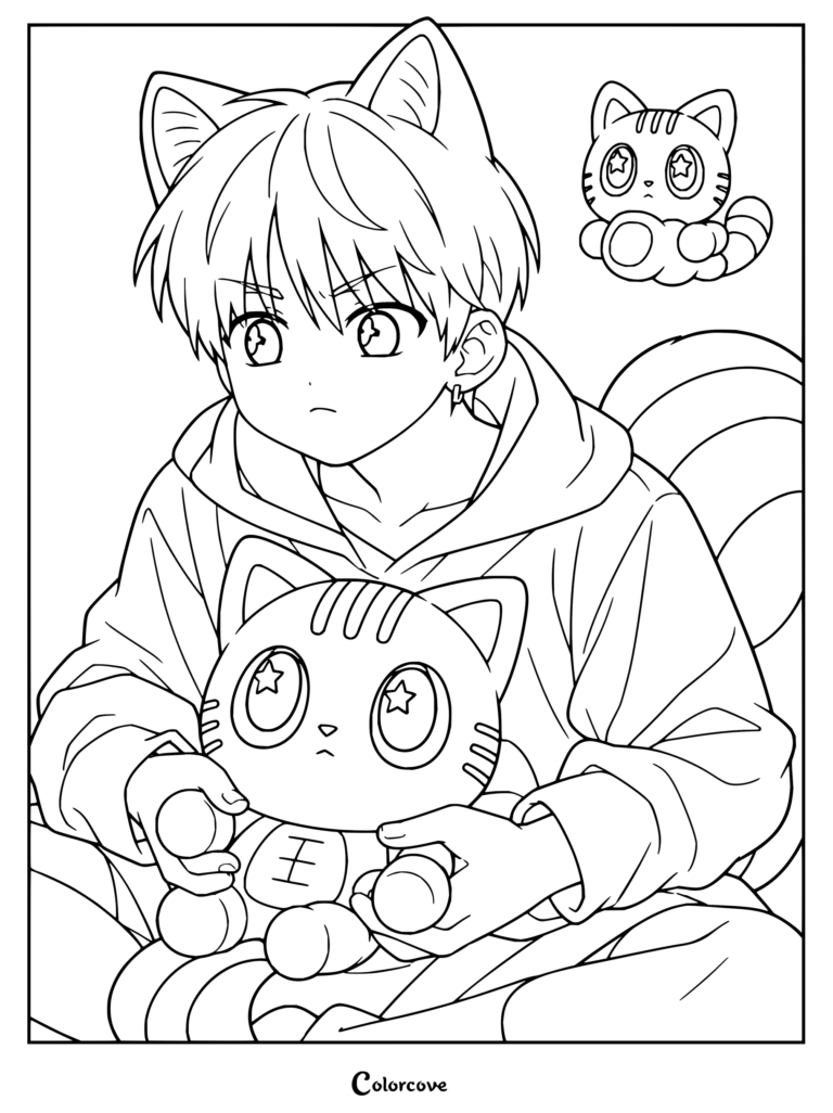 Dibujo para colorear de Taehyun, miembro de TXT, sosteniendo un peluche de Dagonyang mientras otro reposa a su lado.