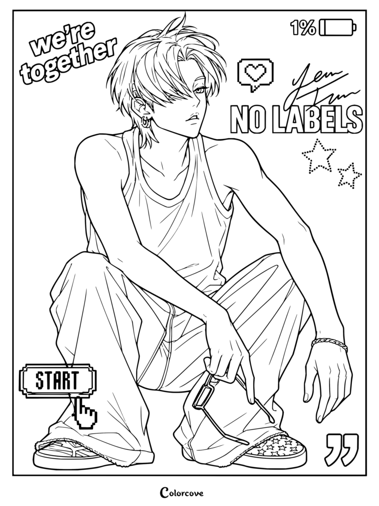 Yeonjun de TXT en cuclillas y sosteniendo unas gafas en un dibujo para colorear imprimible con elementos gráficos modernos.
