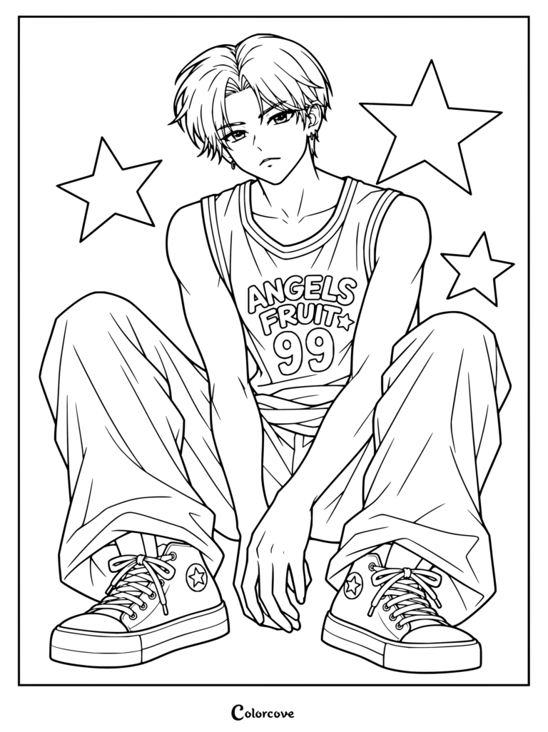 Dibujo para colorear gratis de Yeonjun, miembro de TXT, sentado con una camiseta de baloncesto y zapatillas de caña alta, rodeado de estrellas gráficas.