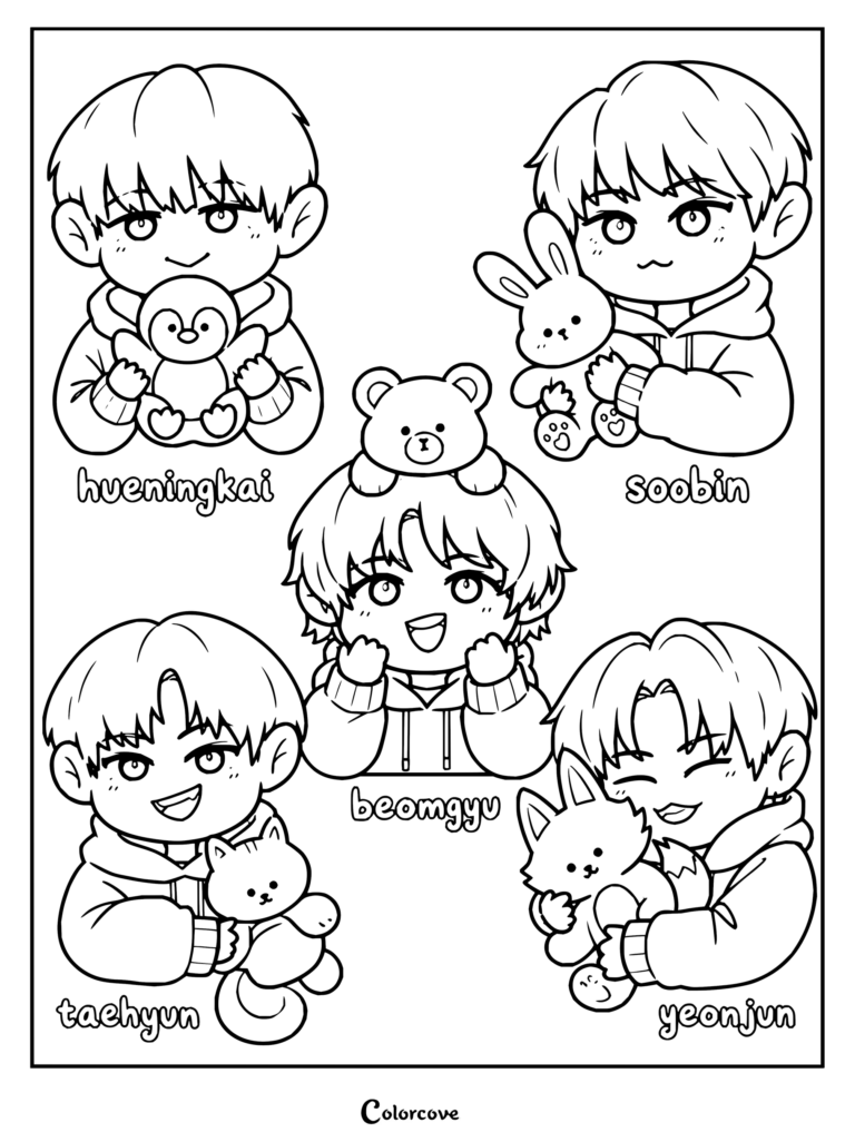 Dibujo para colorear imprimible de TXT con Hueningkai, Soobin, Beomgyu, Taehyun y Yeonjun sosteniendo sus respectivos peluches de animales.