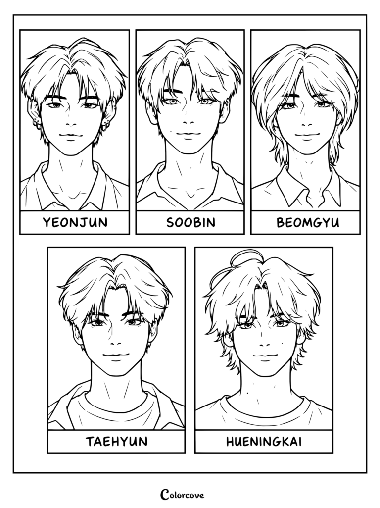 Dibujo para colorear imprimible de TXT con retratos lineales detallados de Yeonjun, Soobin, Beomgyu, Taehyun y Hueningkai.