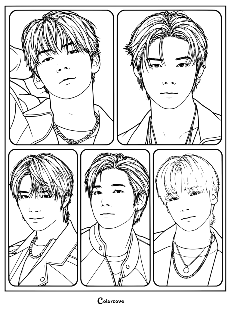 Detallado dibujo para colorear con retratos lineales en blanco y negro de los integrantes de TXT en paneles individuales.