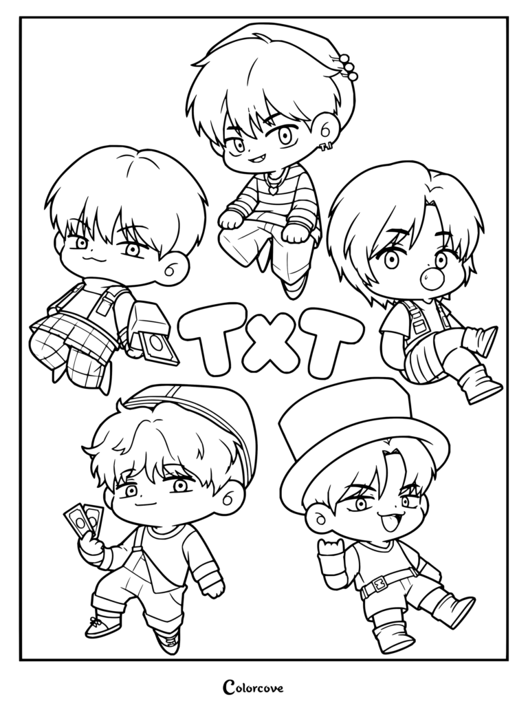 Dibujo para colorear de los personajes de dibujos animados del grupo TXT estilo chibi en poses adorables.