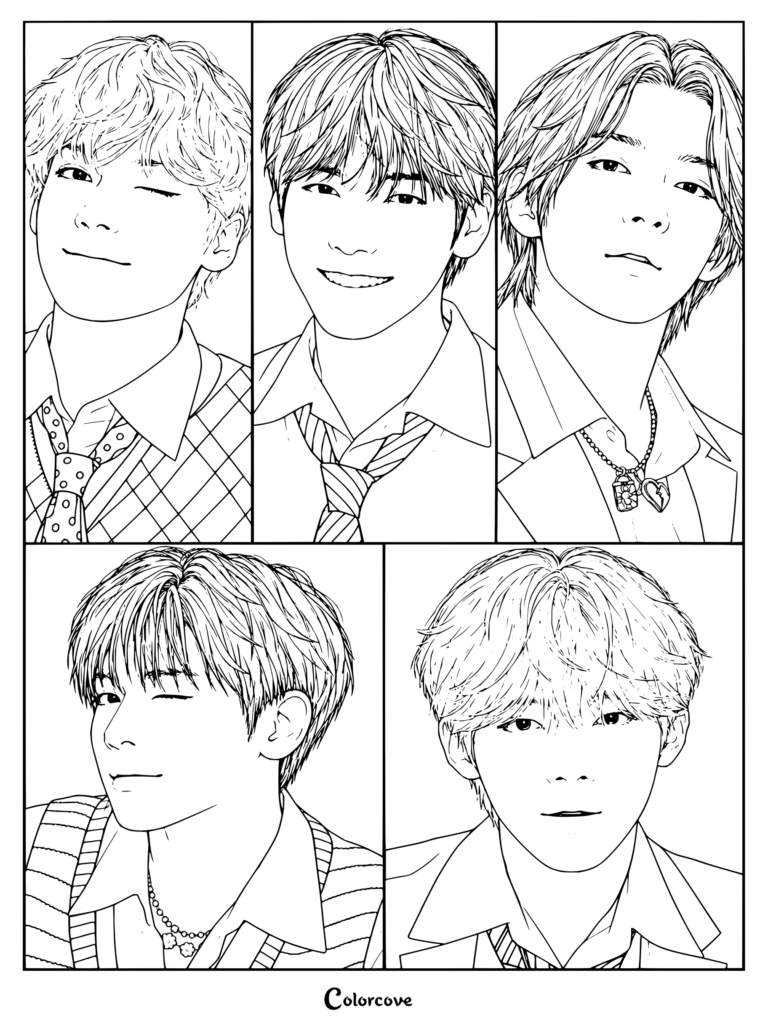 Detallado dibujo para colorear con una cuadrícula de retratos de los miembros de TXT luciendo diferentes peinados y atuendos.