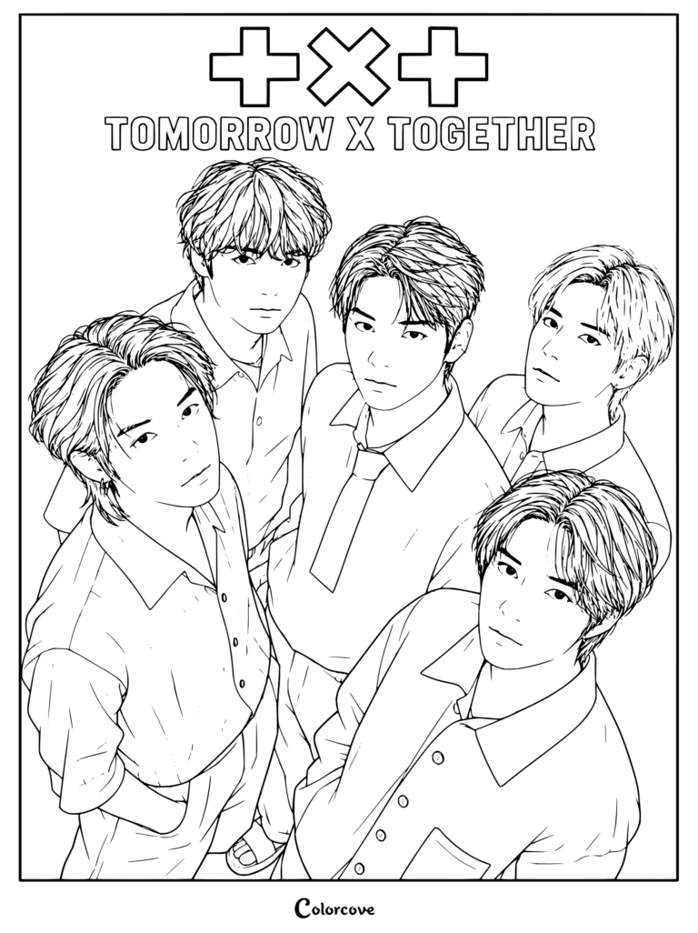 Dibujo para colorear imprimible de TXT con los cinco miembros luciendo camisas abotonadas informales.