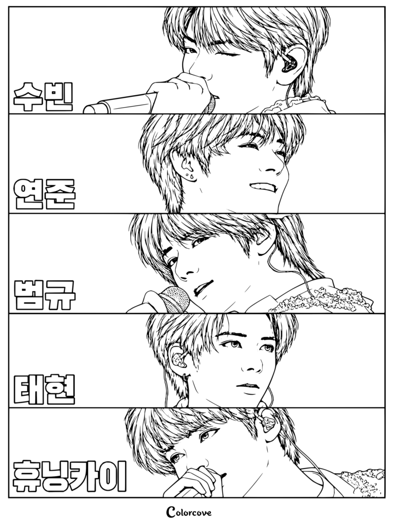 Dibujo para colorear imprimible de TXT con retratos detallados de Soobin, Yeonjun, Beomgyu, Taehyun y Hueningkai cantando ante los micrófonos.