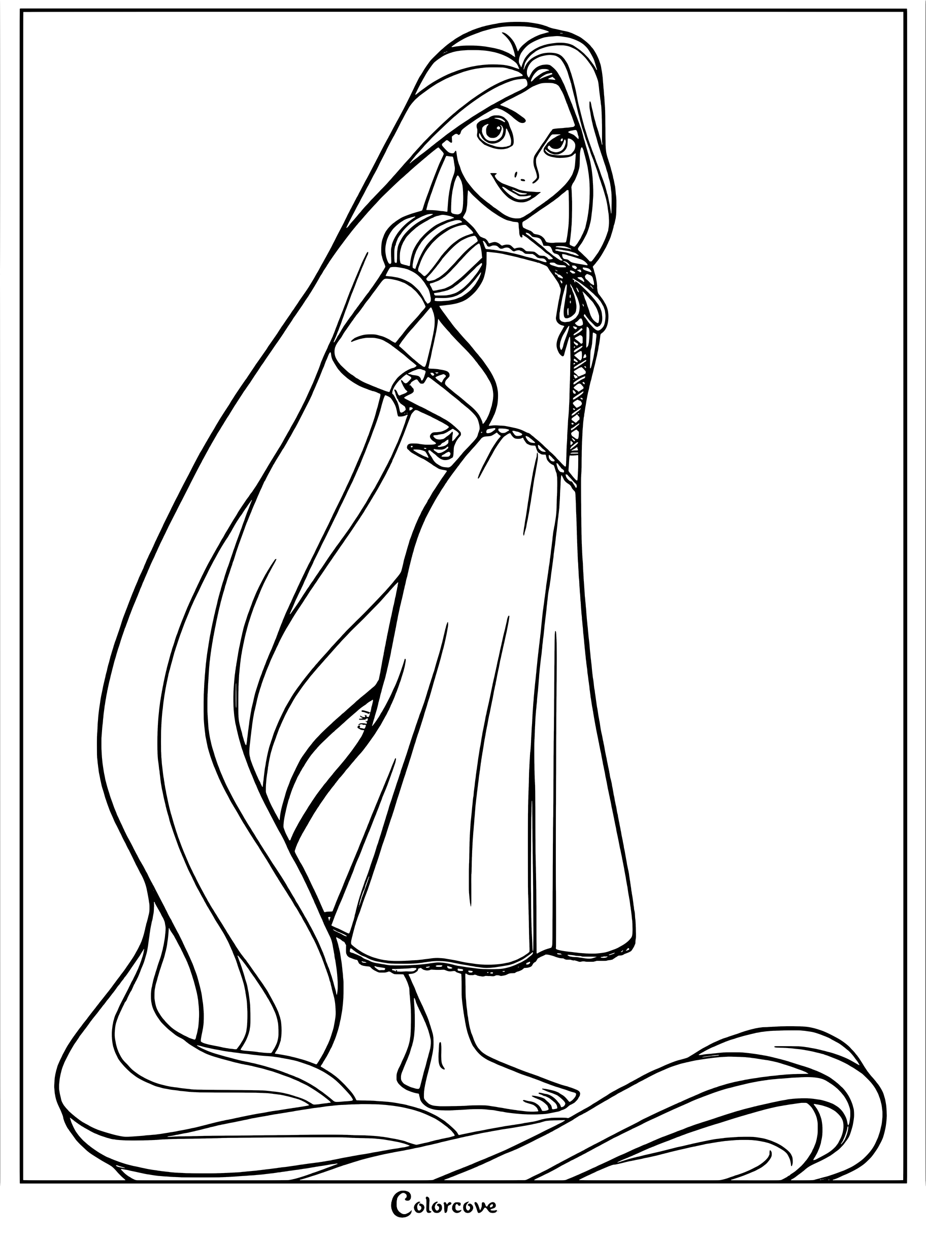 Raiponce se tenant debout avec ses longs cheveux qui tombent en cascade autour d'elle dans un coloriage de Raiponce