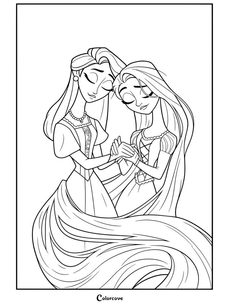 La reine Arianna et Raiponce se tenant la main avec de longs cheveux blonds flottants, coloriage de Raiponce