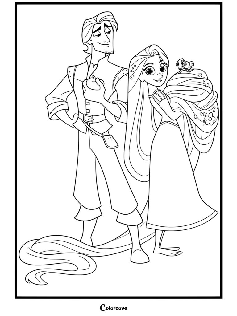 Coloriage de Raiponce avec Raiponce et Eugène Fitzherbert Flynn Rider tenant une pomme avec Pascal sur ses cheveux