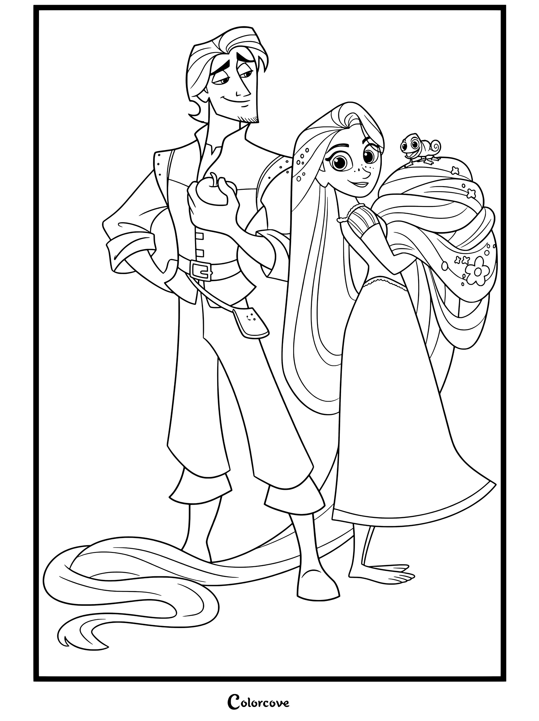 Coloriage de Raiponce avec Raiponce et Eugène Fitzherbert Flynn Rider tenant une pomme avec Pascal sur ses cheveux