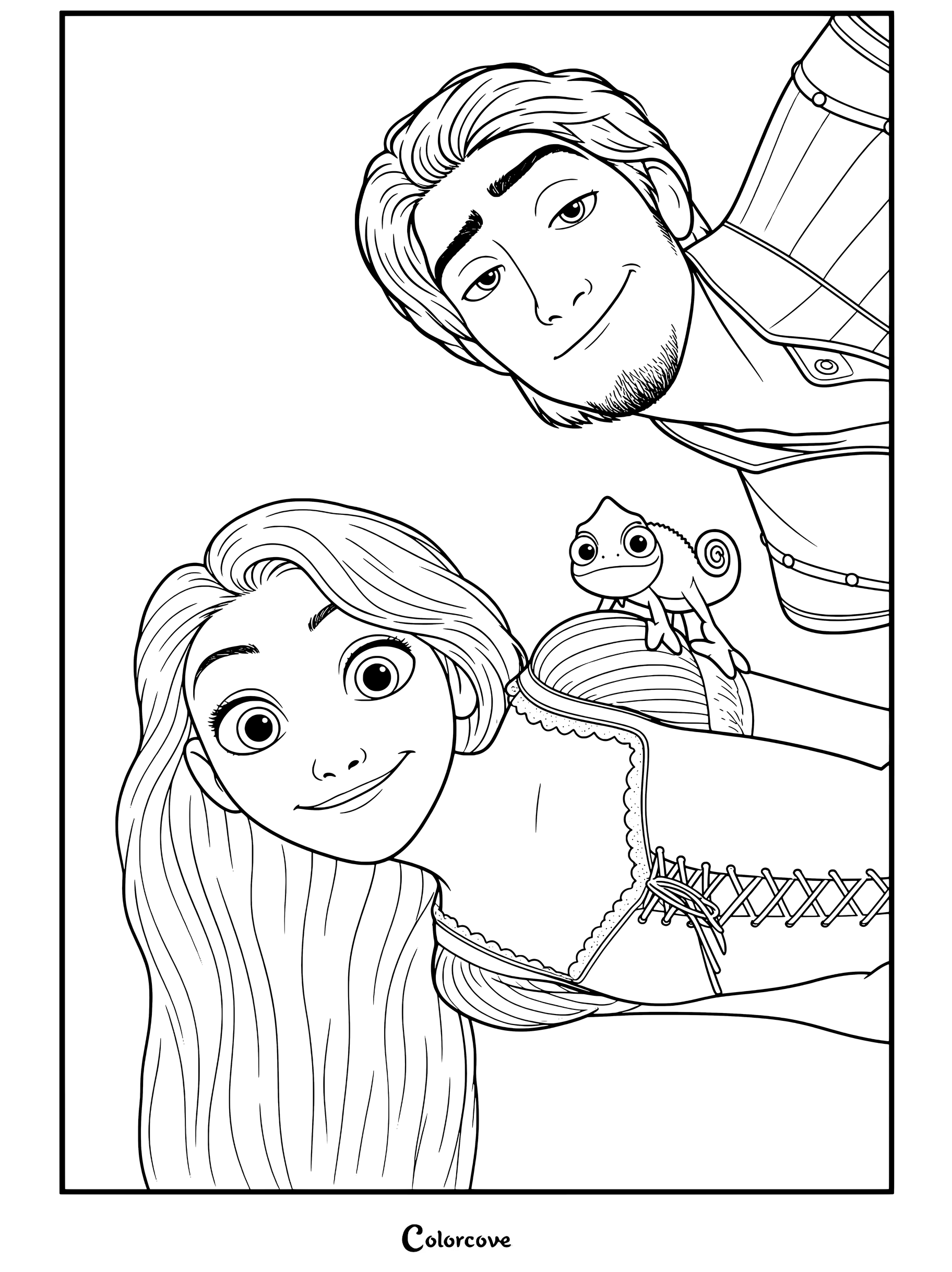 Raiponce et Eugène Fitzherbert Flynn Rider souriant en s'amusant avec Pascal sur l'épaule de Raiponce, coloriage de Raiponce