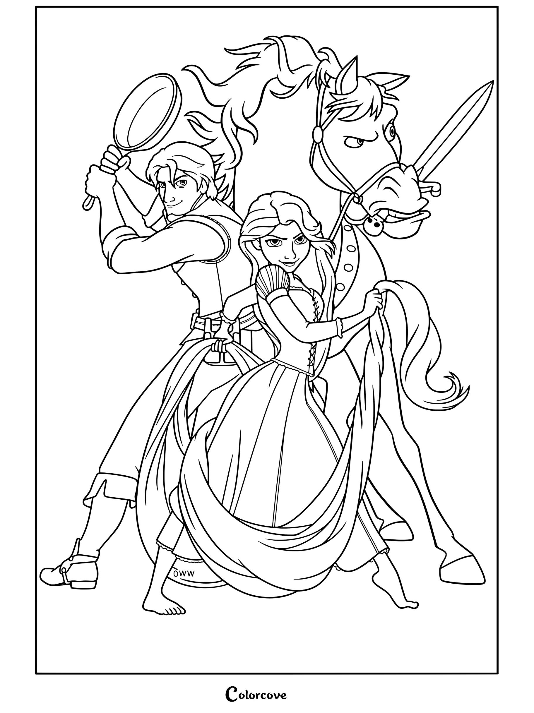 Raiponce et Flynn Rider posant avec assurance avec Maximus tenant une poêle et une épée dans un coloriage de Raiponce