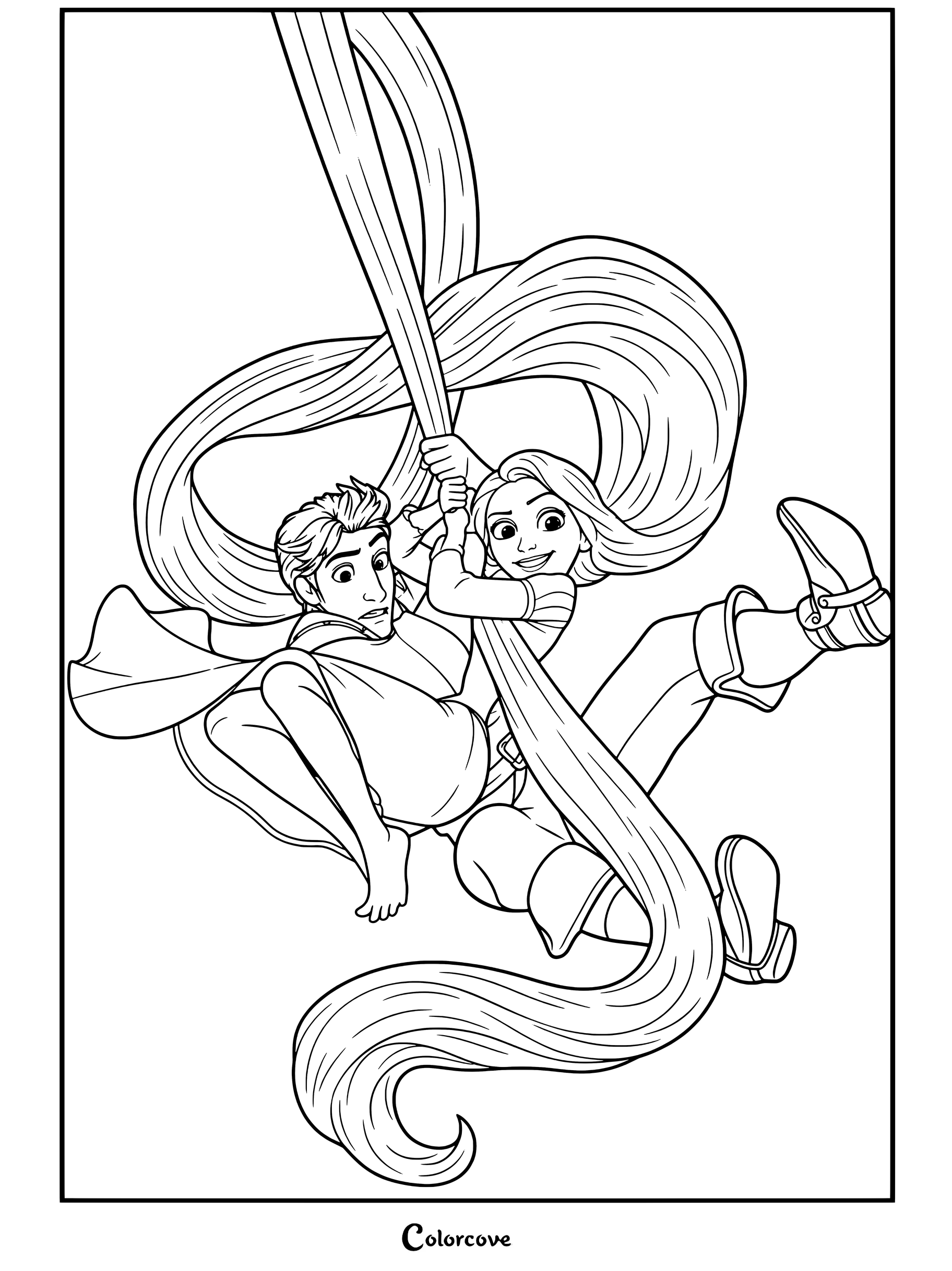 Raiponce et Flynn Rider se balançant ensemble en s'accrochant à de longs cheveux blonds dans ce coloriage de Raiponce
