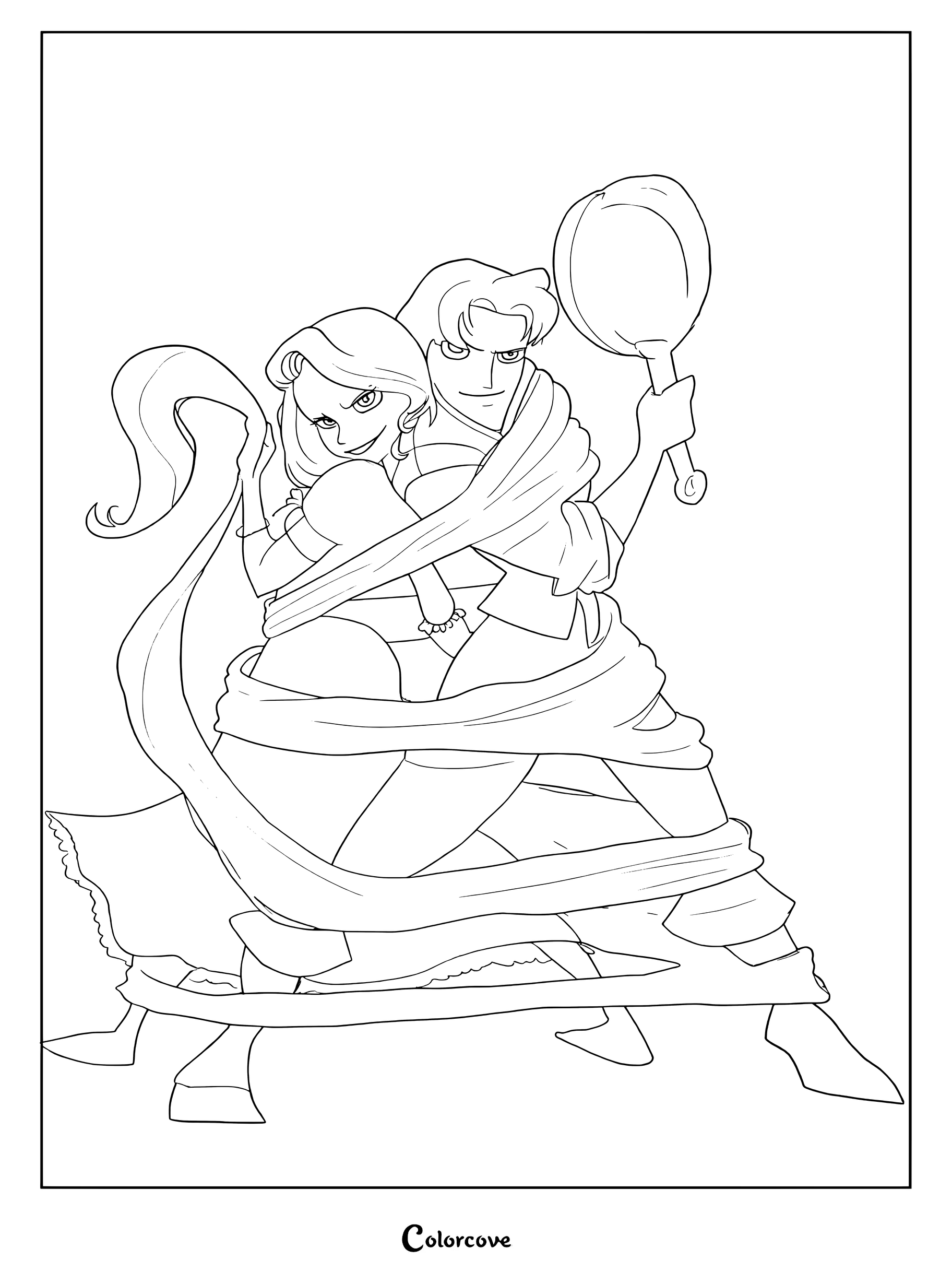 Raiponce et Flynn Rider emmêlés dans des cheveux dorés avec une poêle à frire, page de coloriage de Raiponce