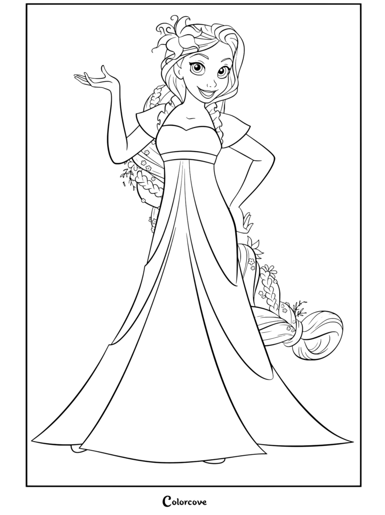 Coloriage de Raiponce debout dans une robe violette avec de longs cheveux blonds tressés et ornés de fleurs.