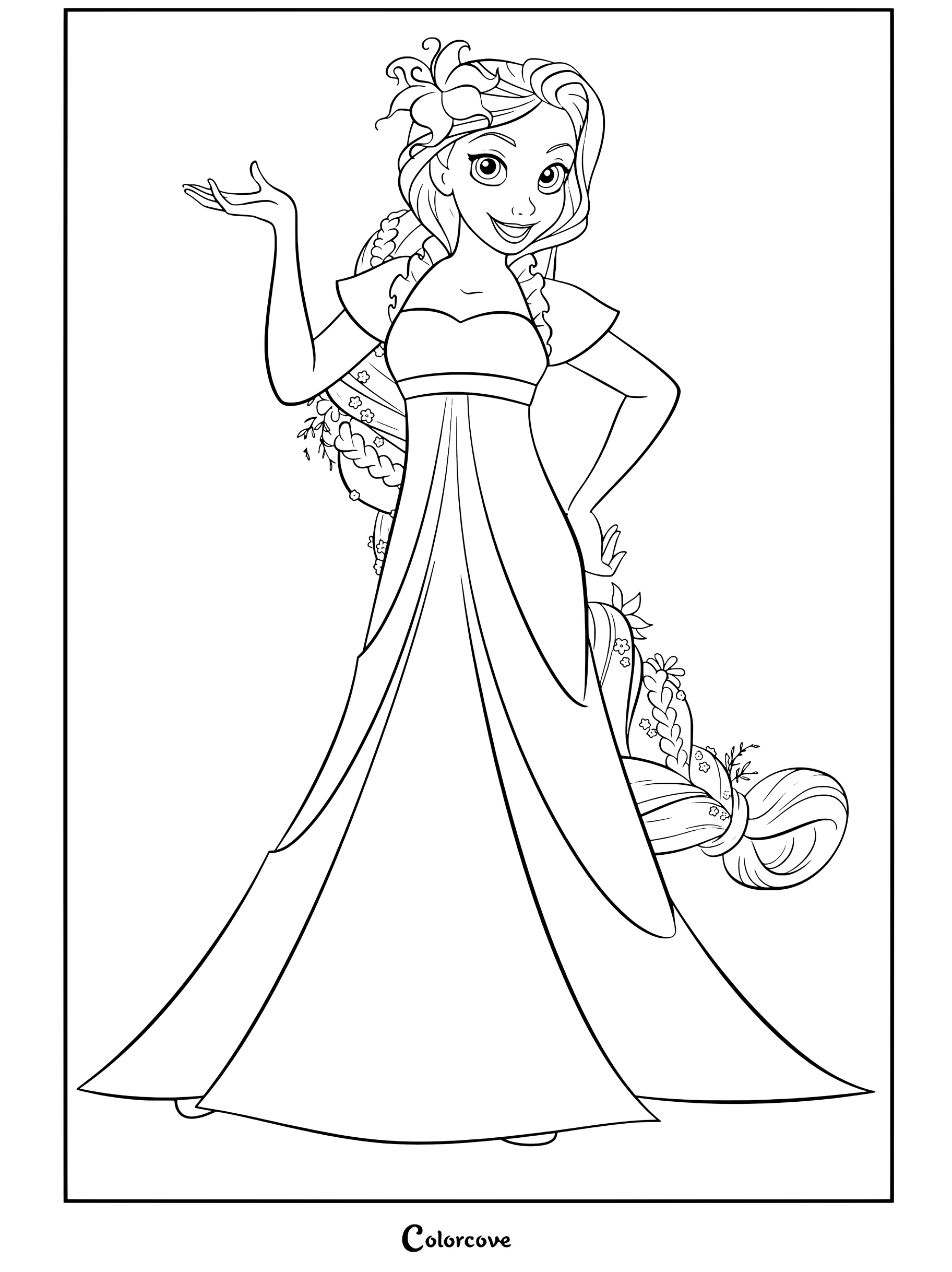 Coloriage de Raiponce debout dans une robe violette avec de longs cheveux blonds tressés et ornés de fleurs.