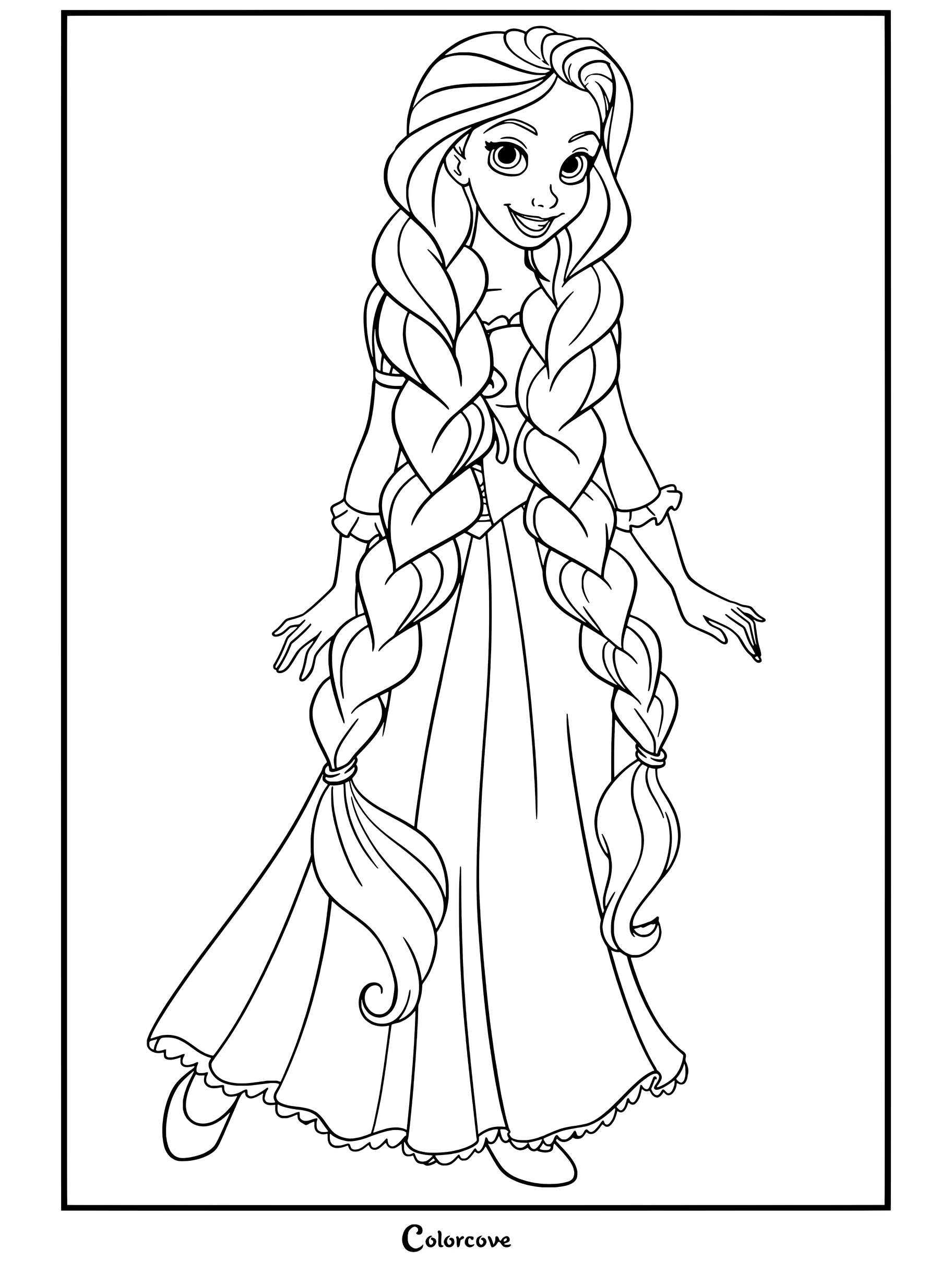 Coloriage de Raiponce se tenant fièrement avec de longs cheveux blonds tressés et une robe violette.