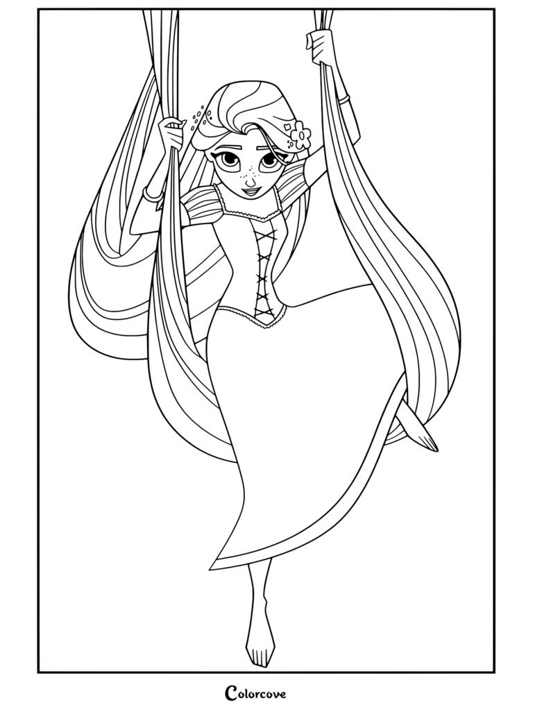 Coloriage de Raiponce se balançant de façon ludique grâce à ses longs cheveux dorés, vêtue de sa robe violette avec une fleur dans les cheveux.