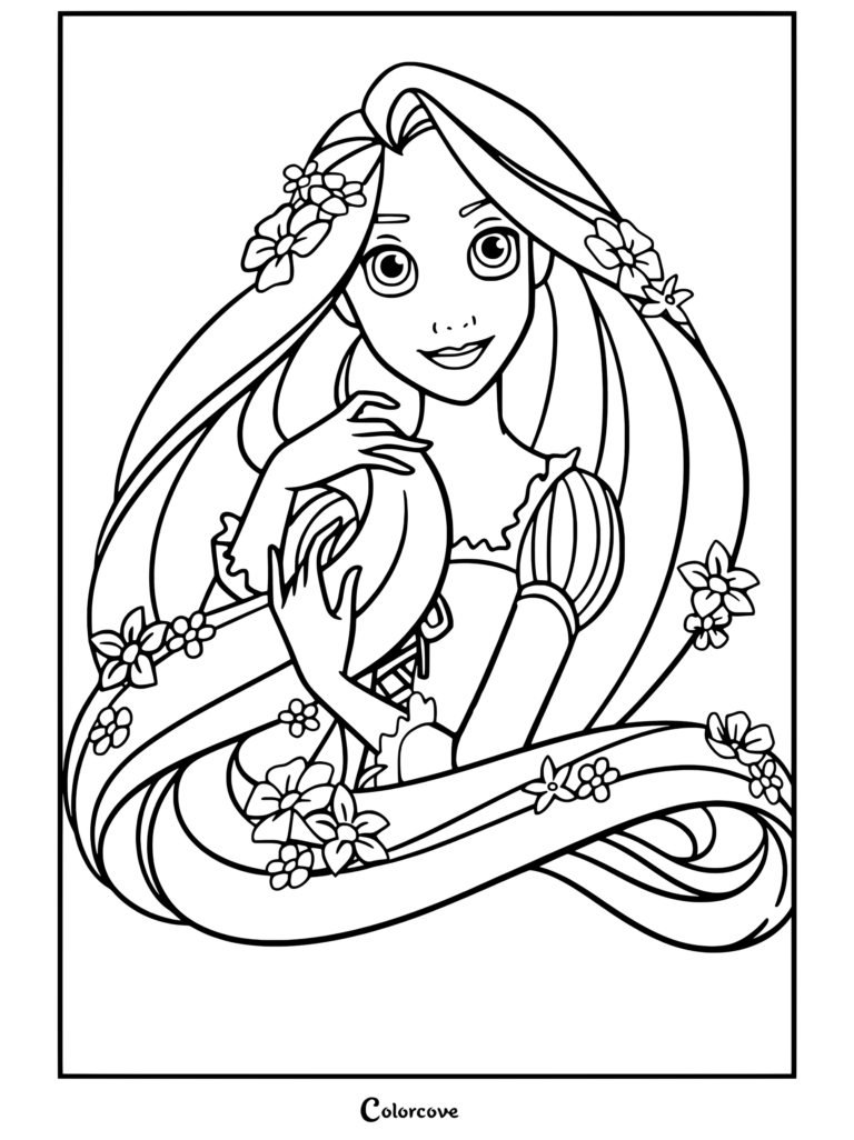 Coloriage de Raiponce avec de longs cheveux blonds décorés de fleurs, se touchant les cheveux et portant une robe violette tout en souriant.