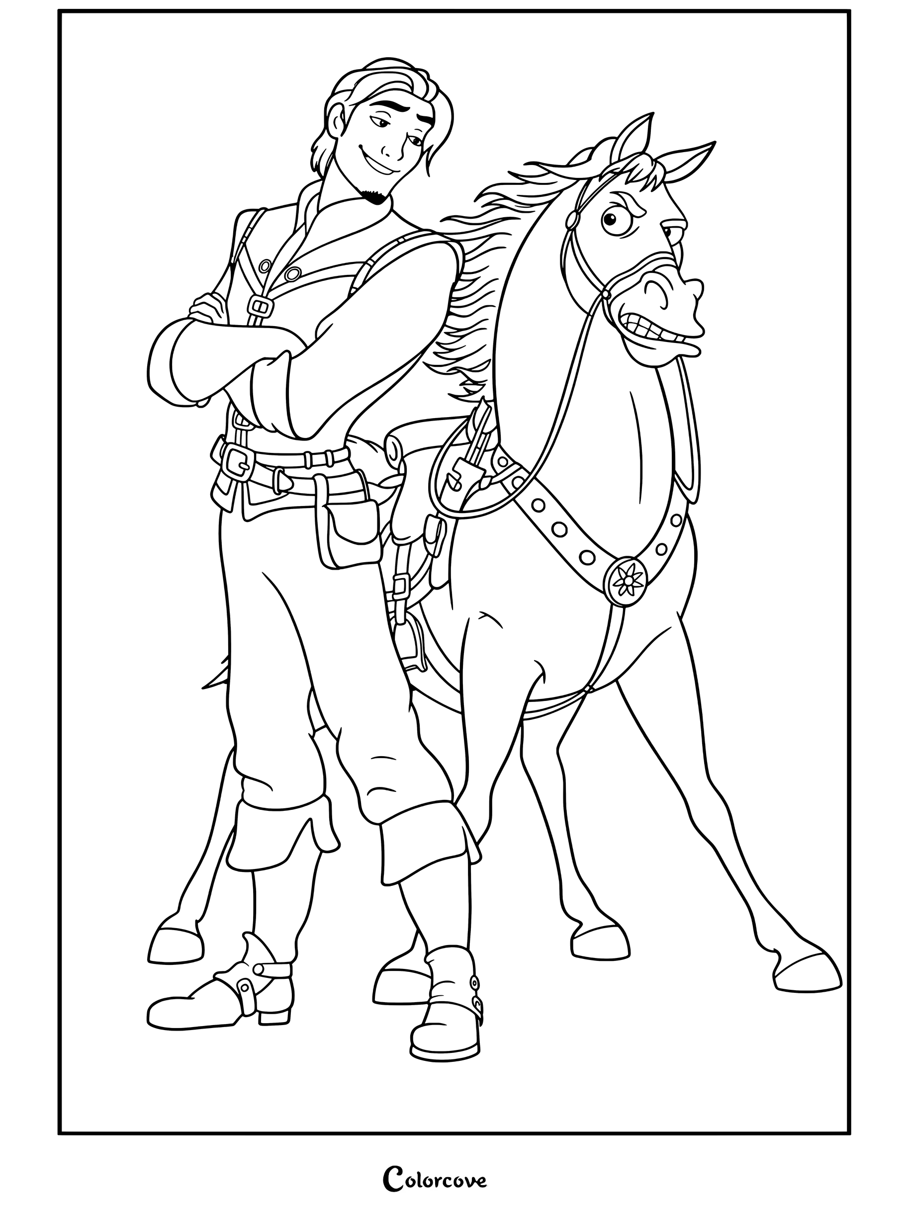 Coloriage à imprimer de Flynn Rider se tenant les bras croisés à côté d'un Maximus le cheval grognon de Raiponce.