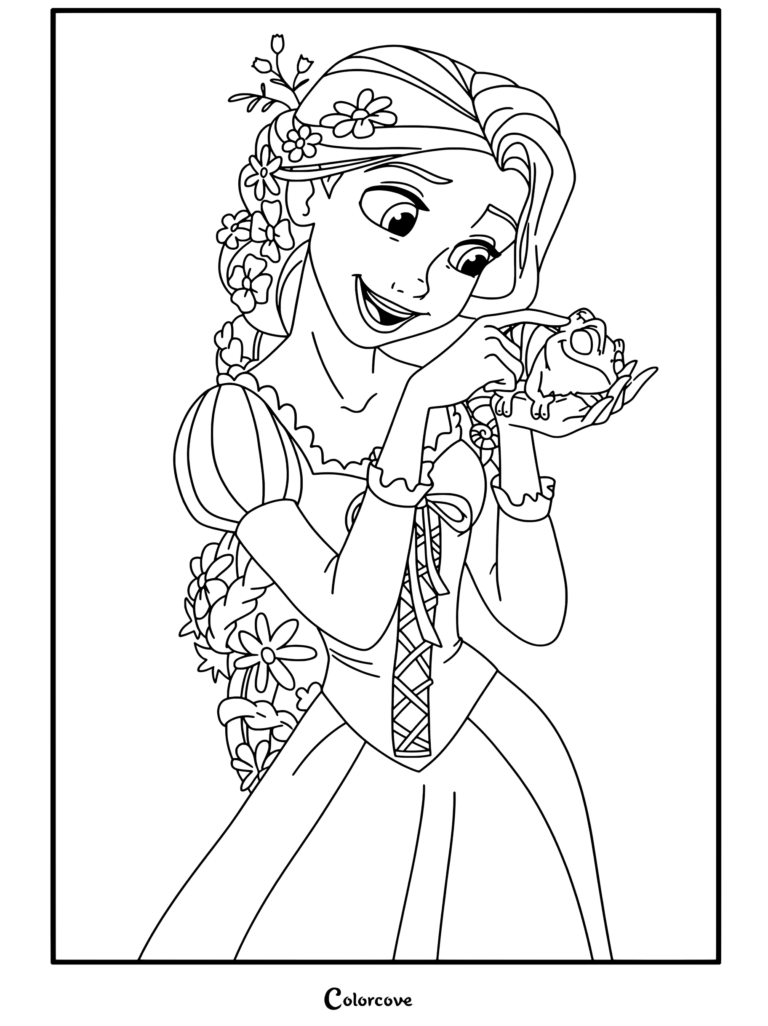 Coloriage gratuit de Raiponce montrant Raiponce tenant et souriant à Pascal le caméléon avec des fleurs dans ses longs cheveux blonds et portant une robe violette.