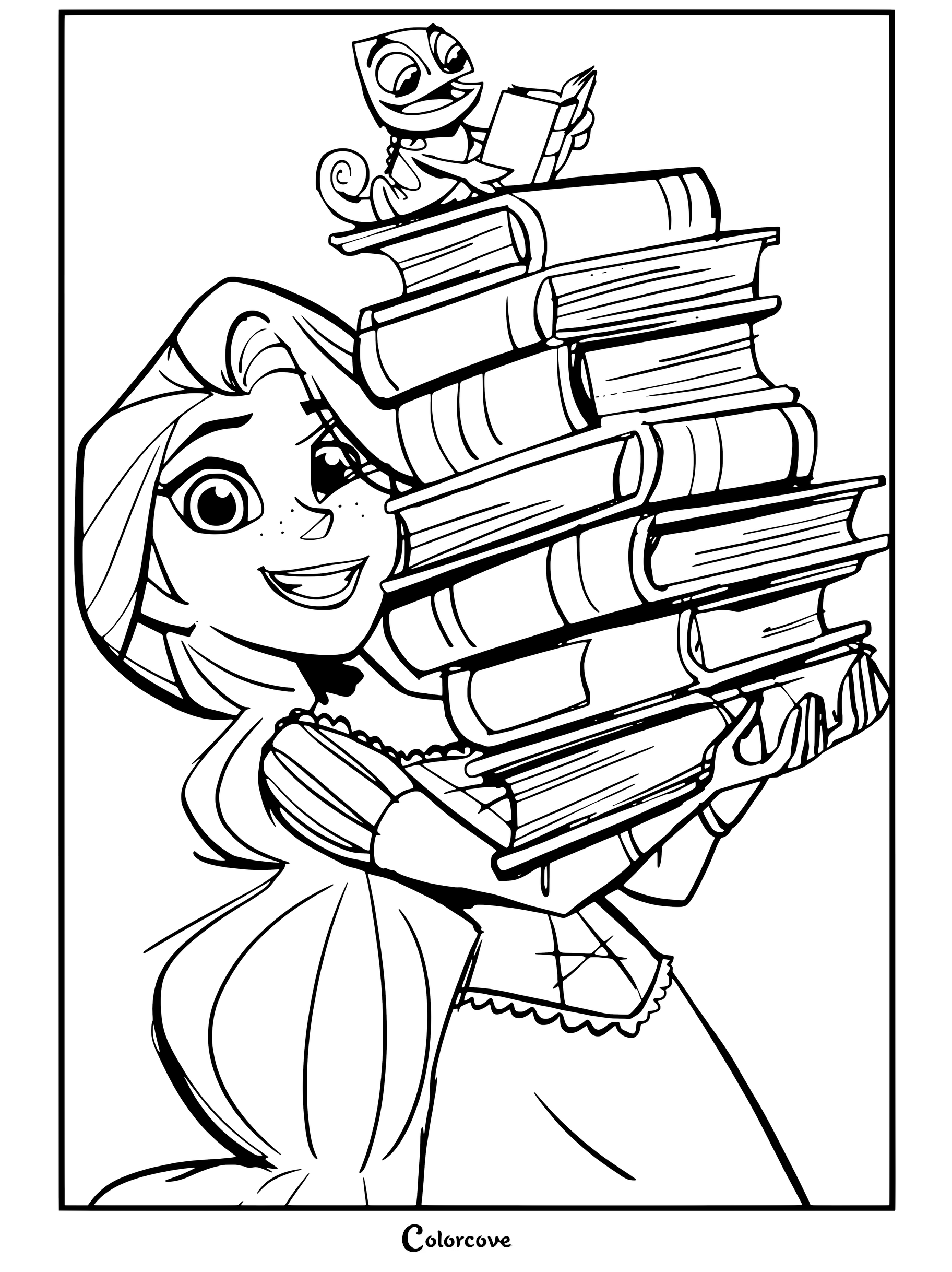 Coloriage de Raiponce montrant Raiponce tenant une grande pile de livres avec Pascal lisant au sommet.