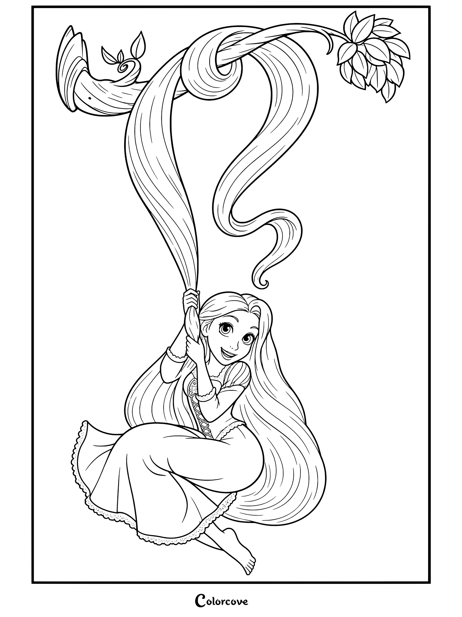 Raiponce s'accrochant à ses longs cheveux blonds suspendus à une branche d'arbre, vêtue d'une robe violette et souriante, un coloriage tiré de Raiponce.