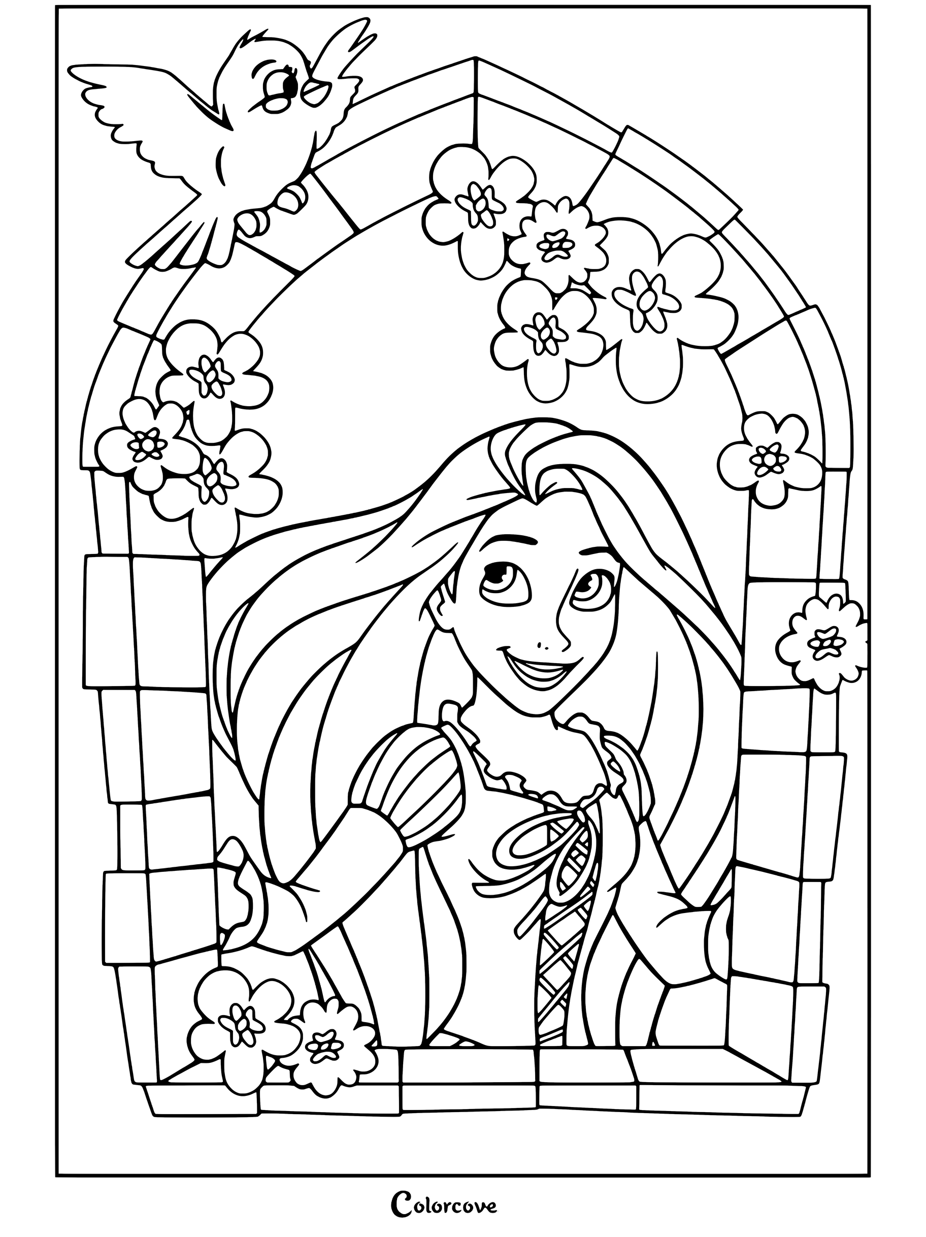 Coloriage à imprimer de Raiponce regardant par une fenêtre en pierre, avec de longs cheveux blonds, des fleurs et un oiseau bleu tout droit sortis de Raiponce.