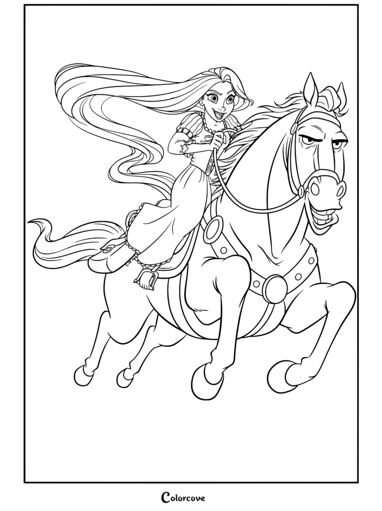 Raiponce chevauchant Maximus le cheval au galop rapide dans un coloriage de Raiponce.