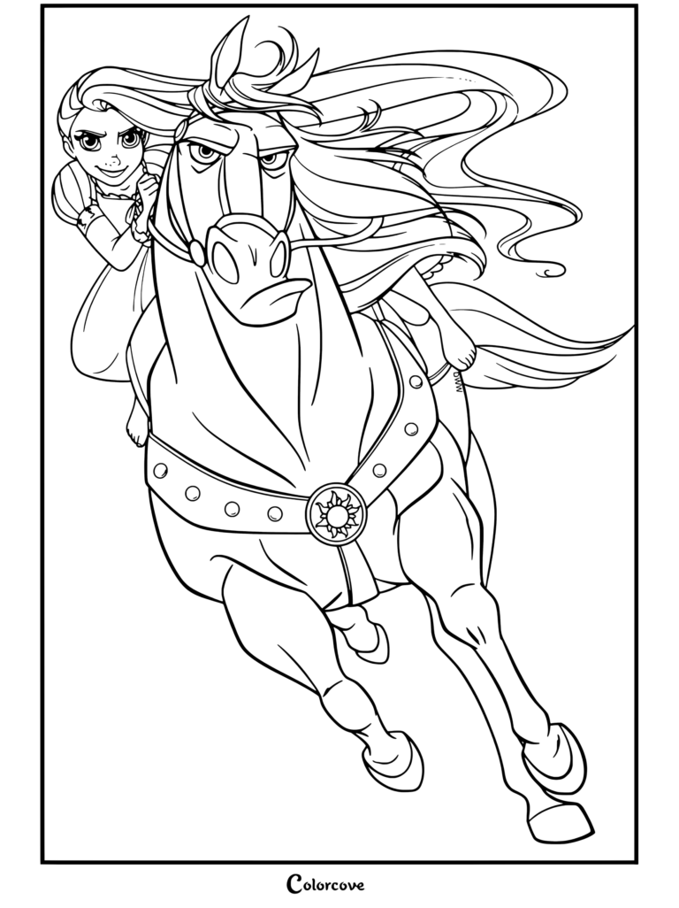Raiponce chevauchant Maximus le cheval tout en tenant sa crinière avec une expression déterminée, coloriage pour les fans de Raiponce