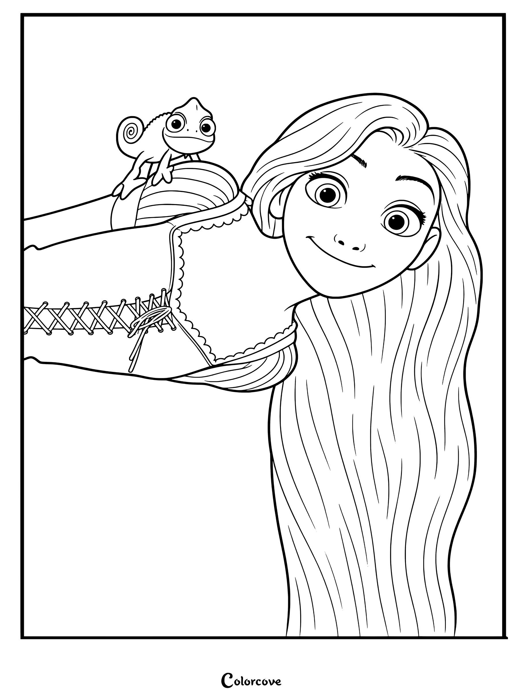 Raiponce souriant joyeusement avec Pascal sur son épaule et de longs cheveux blonds, coloriage de Raiponce