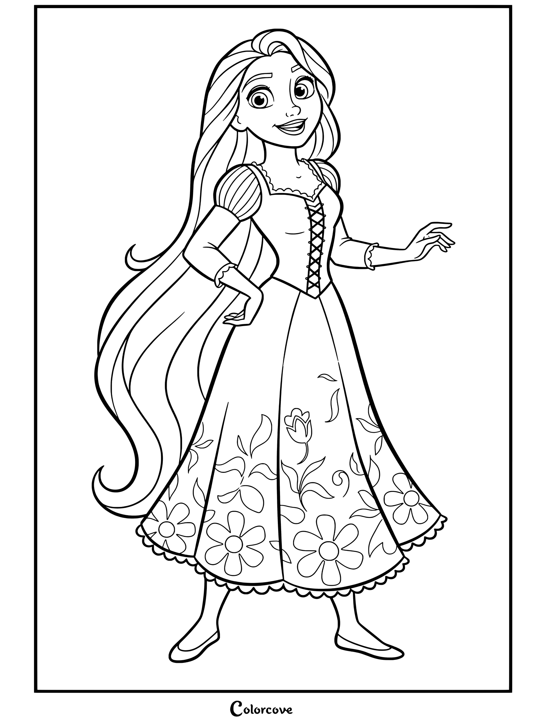 Coloriage de Raiponce se tenant fièrement dans une robe violette avec de longs cheveux blonds et une jupe ornée de fleurs.