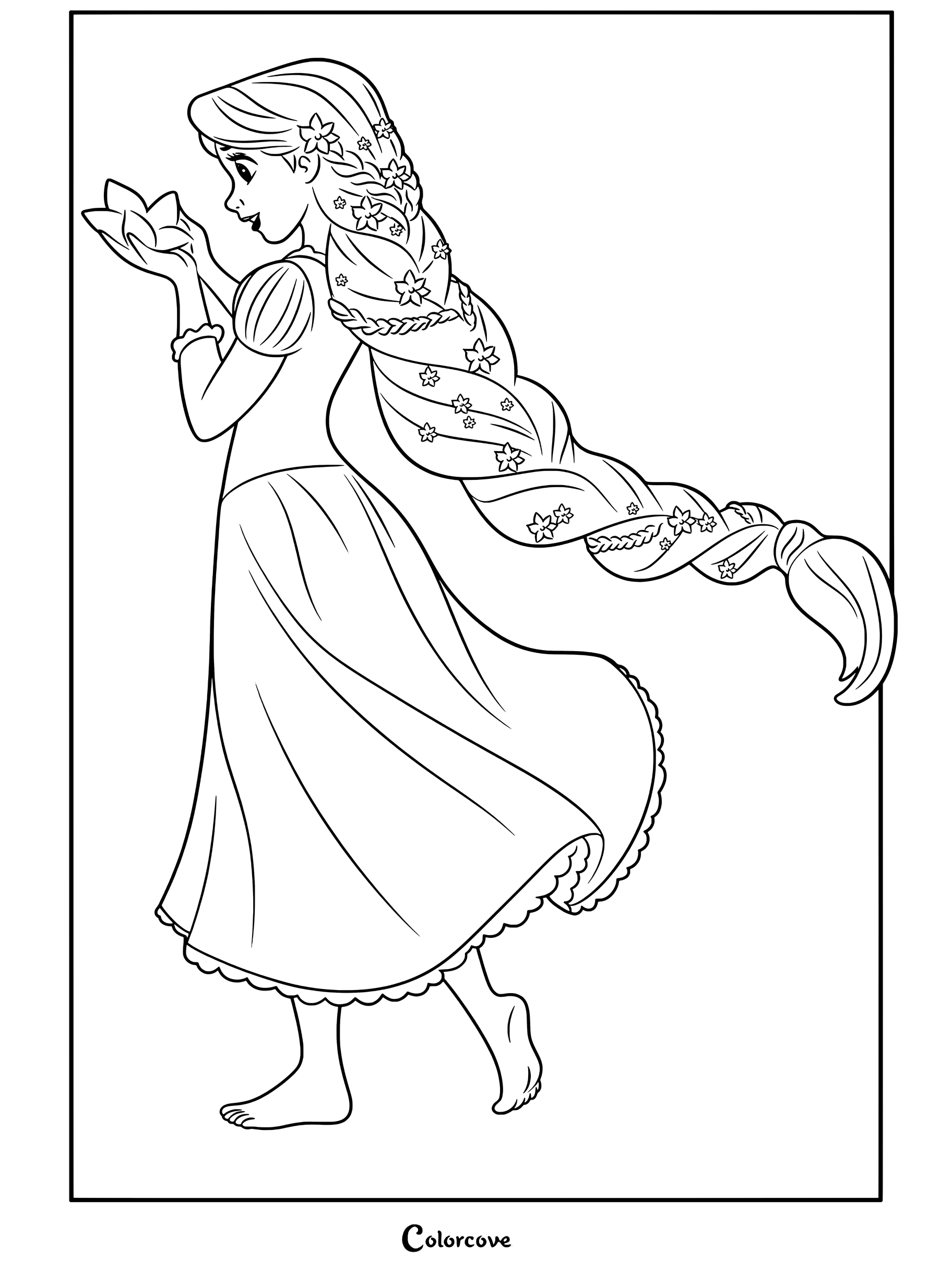 Raiponce de Raiponce tenant une fleur rose, arborant ses longs cheveux blonds tressés ornés de fleurs, portant une robe violette, pieds nus, présentée comme un coloriage à imprimer.