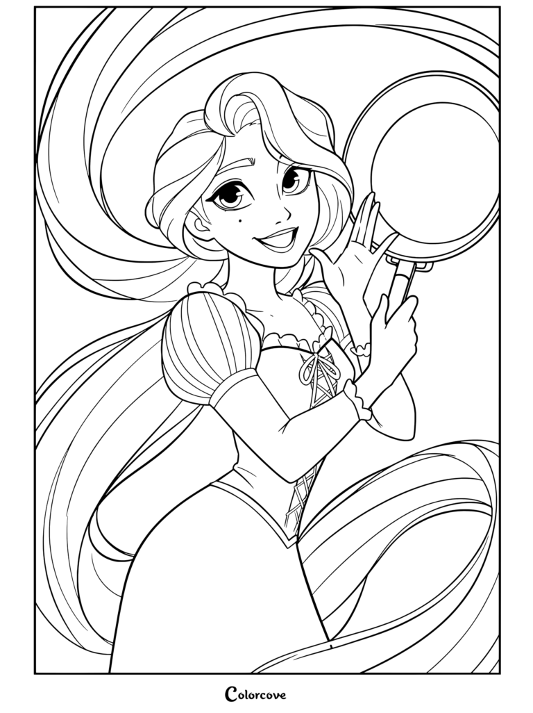 Raiponce sourit joyeusement en tenant une poêle à frire entourée de cheveux dorés, coloriage
