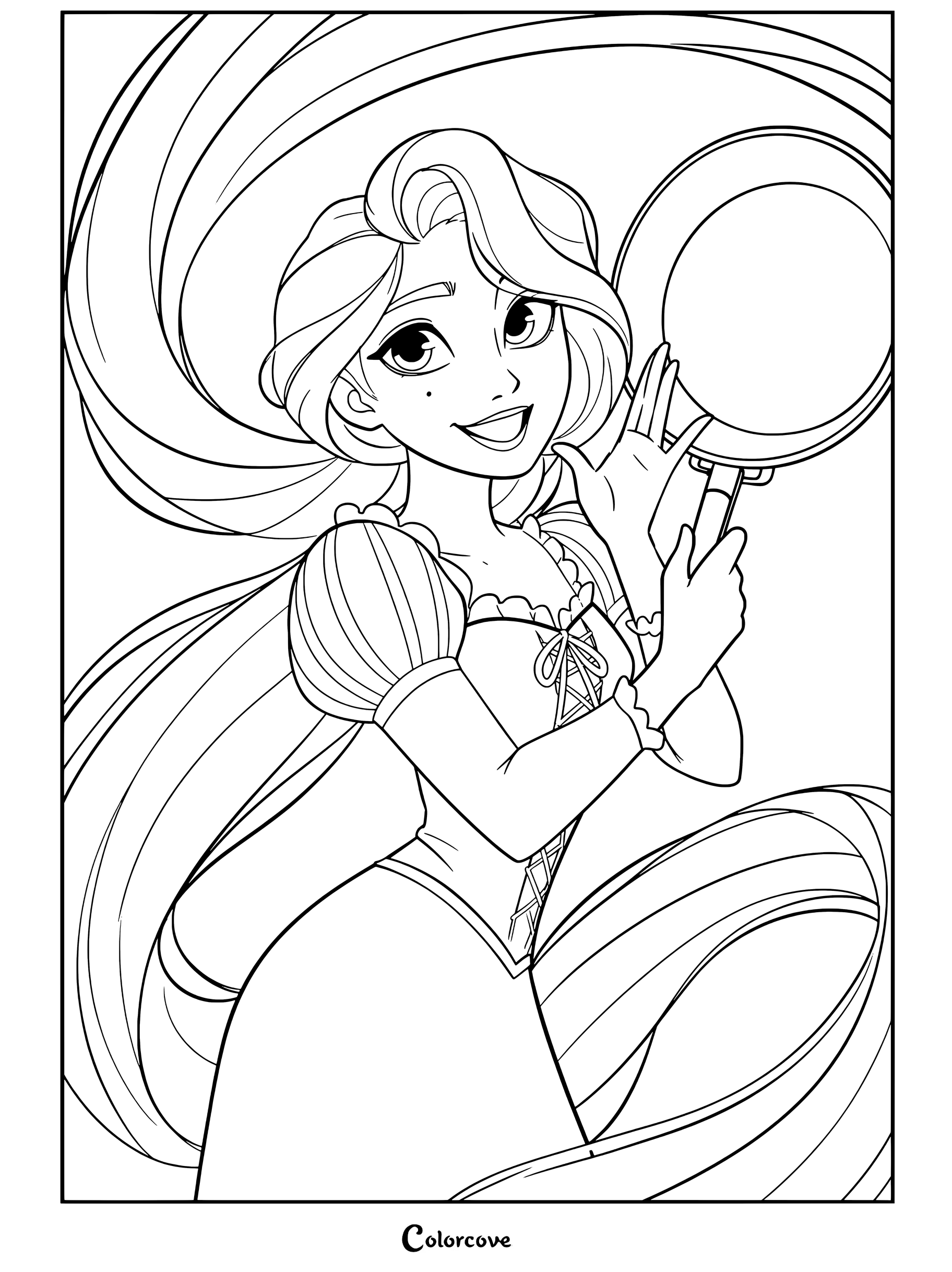 Raiponce sourit joyeusement en tenant une poêle à frire entourée de cheveux dorés, coloriage