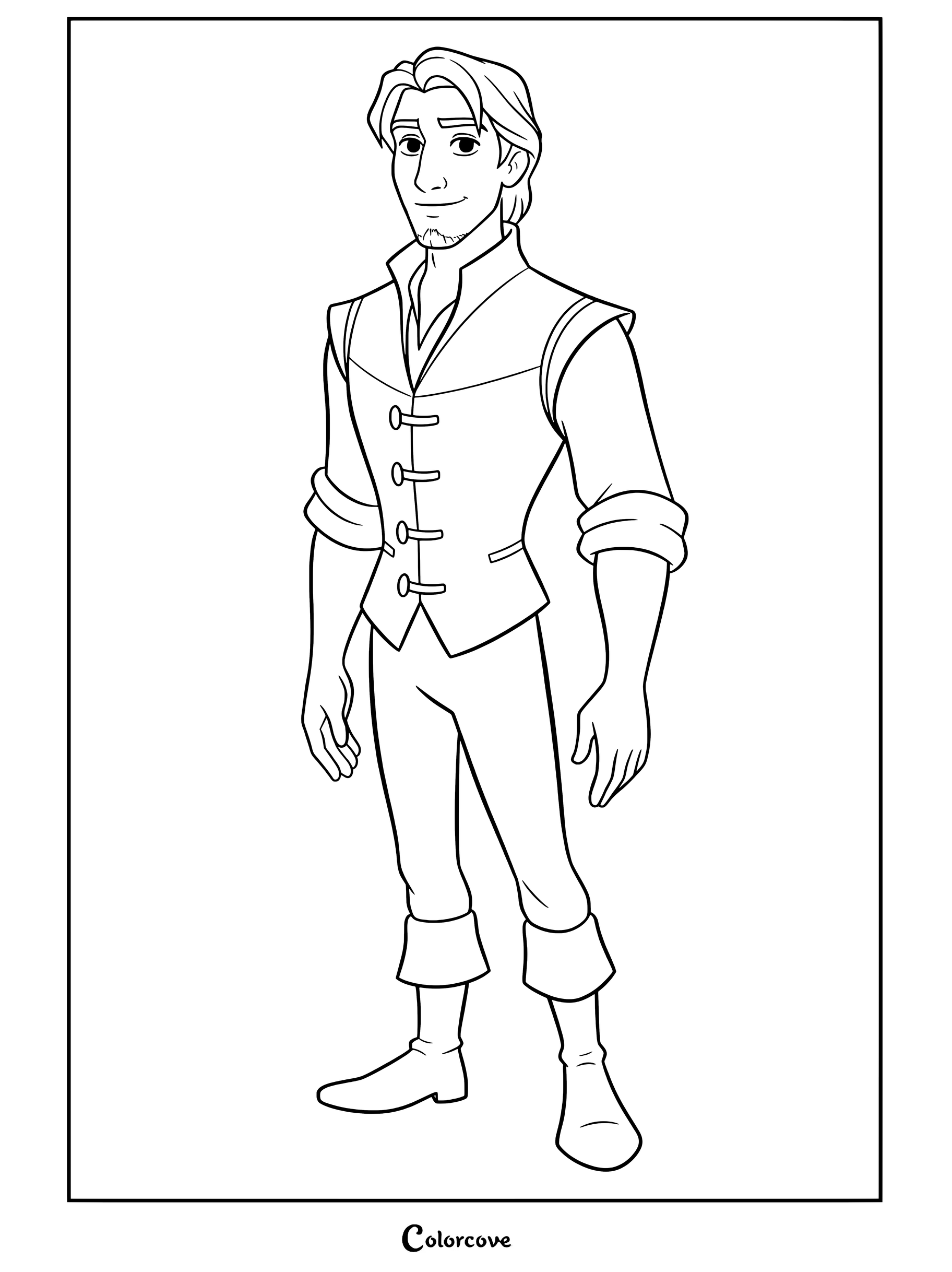 Flynn Rider se tenant avec un sourire confiant, portant un gilet sarcelle et un pantalon marron, coloriage de Raiponce