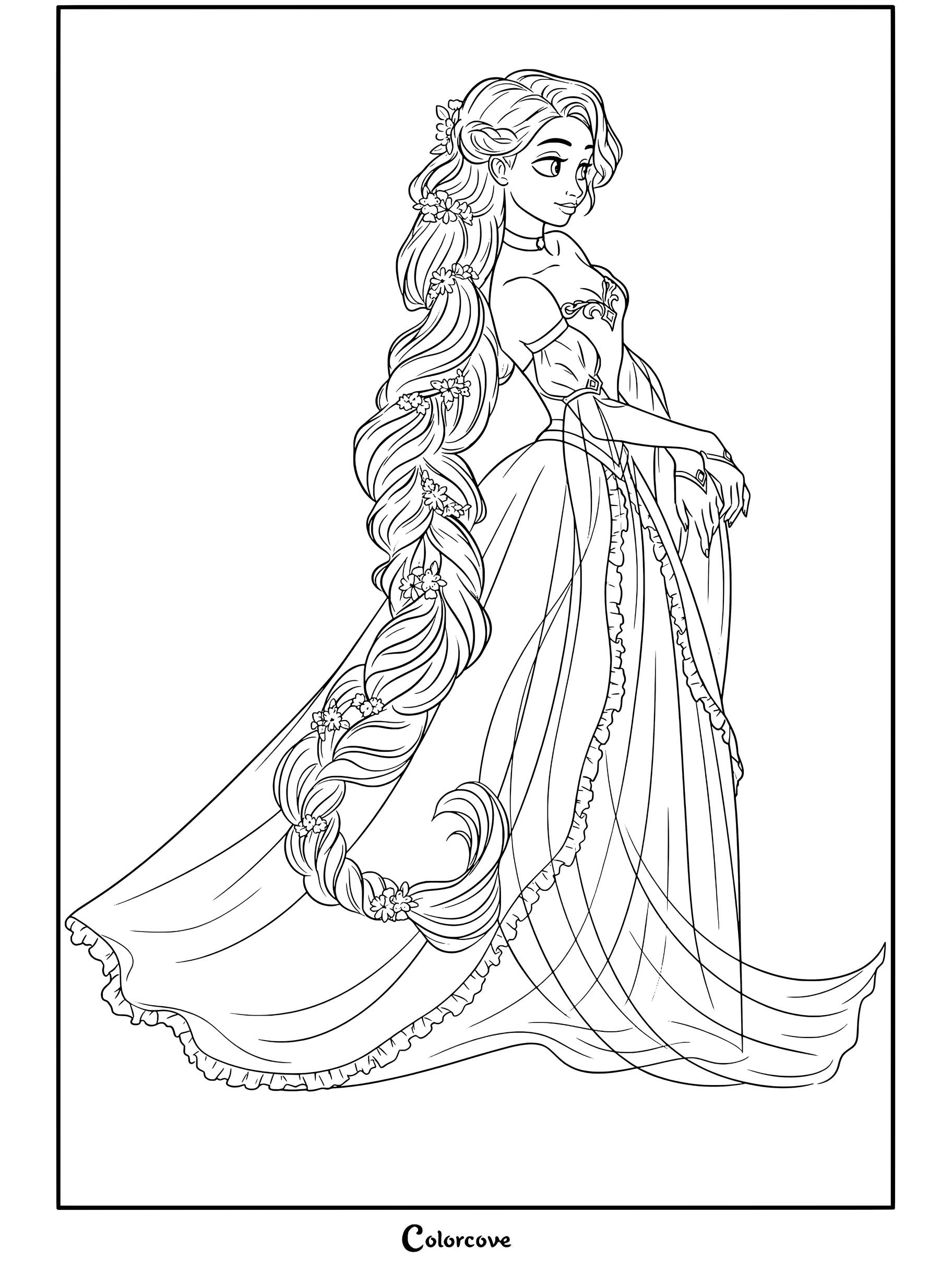Raiponce portant une élégante robe violette avec ses longs cheveux blonds tressés et décorés de fleurs roses dans ce coloriage de Raiponce