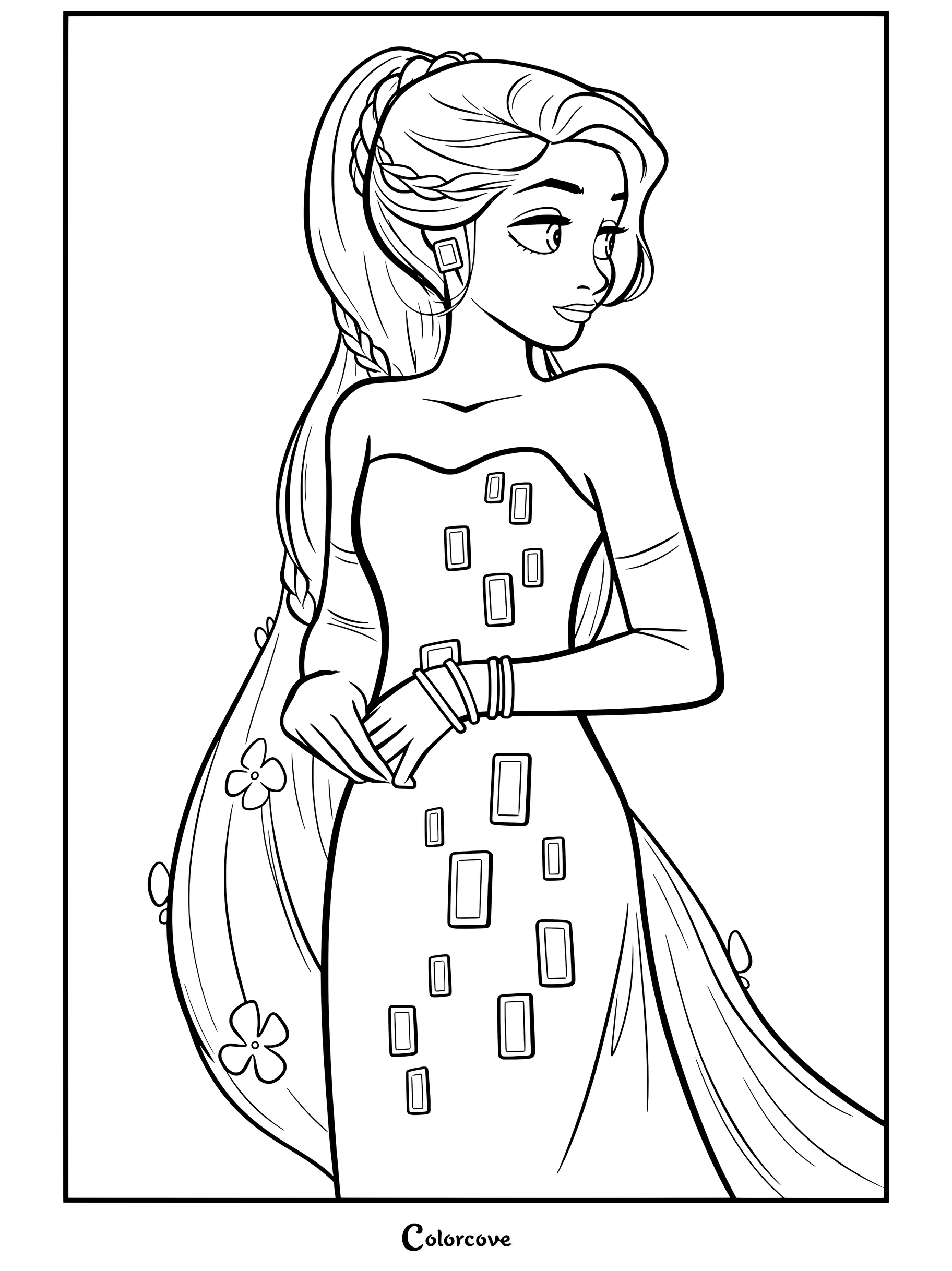 Coloriage de Raiponce représentant Raiponce vêtue d'une robe de soirée bustier violette pailletée avec des motifs de lanternes dorées et de longs gants.