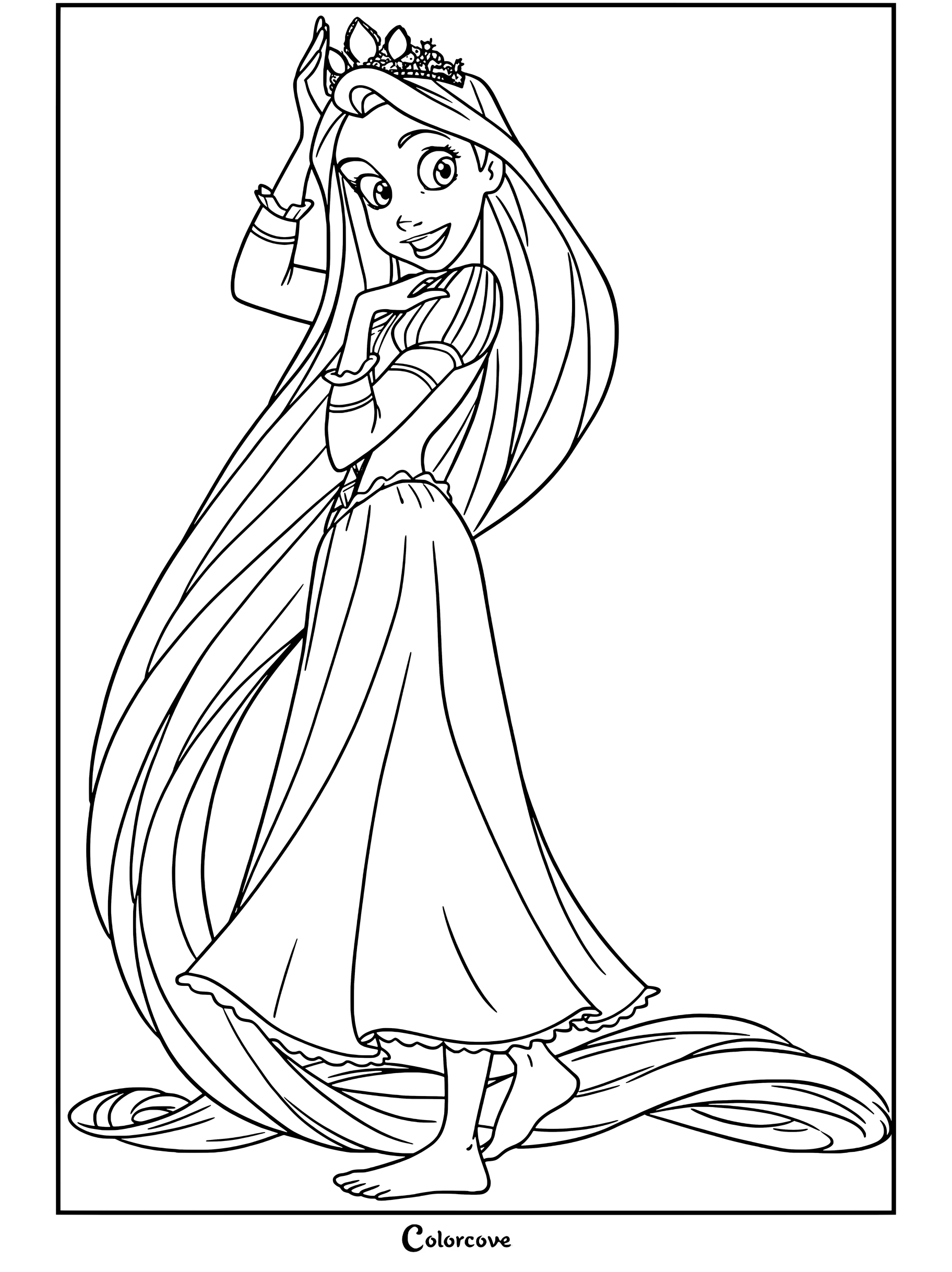 Coloriage à imprimer de Raiponce portant une robe violette et un diadème doré, touchant ses longs cheveux blonds tout en étant pieds nus, tiré de Raiponce.