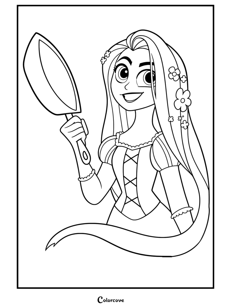 Coloriage de Raiponce montrant Raiponce tenant une poêle à frire avec de longs cheveux et des fleurs