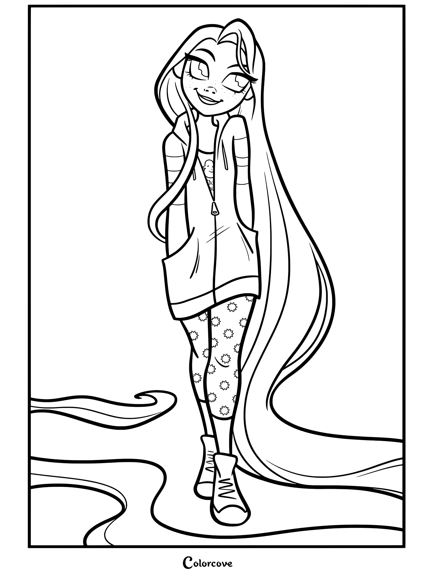 Raiponce portant une tenue moderne avec un sweat à capuche rose, des leggings solaires violet et de longs cheveux blonds, se tenant debout et souriant dans ce coloriage de Raiponce.