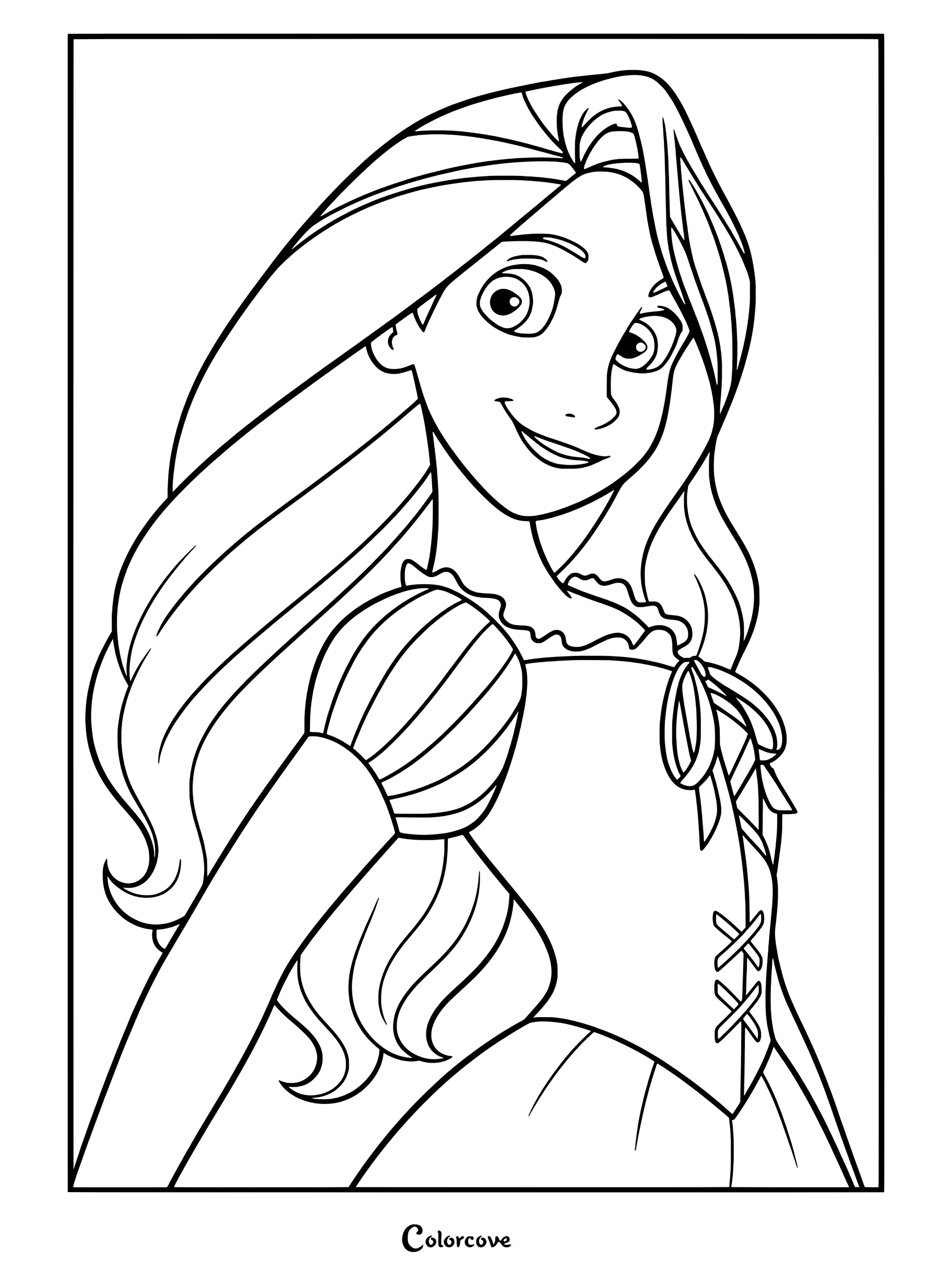Portrait de Raiponce souriant avec de longs cheveux blonds et une robe violette à l'intérieur d'un cercle, coloriage