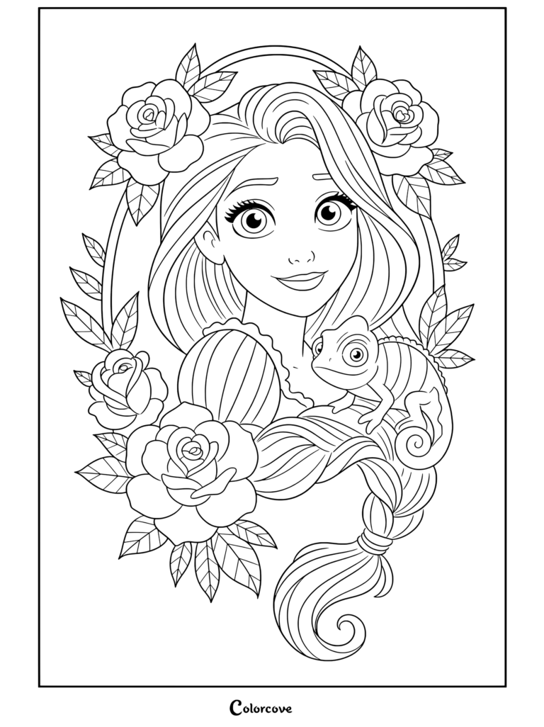 Portrait de Raiponce de Raiponce avec Pascal et des roses roses dans un cadre floral, coloriage