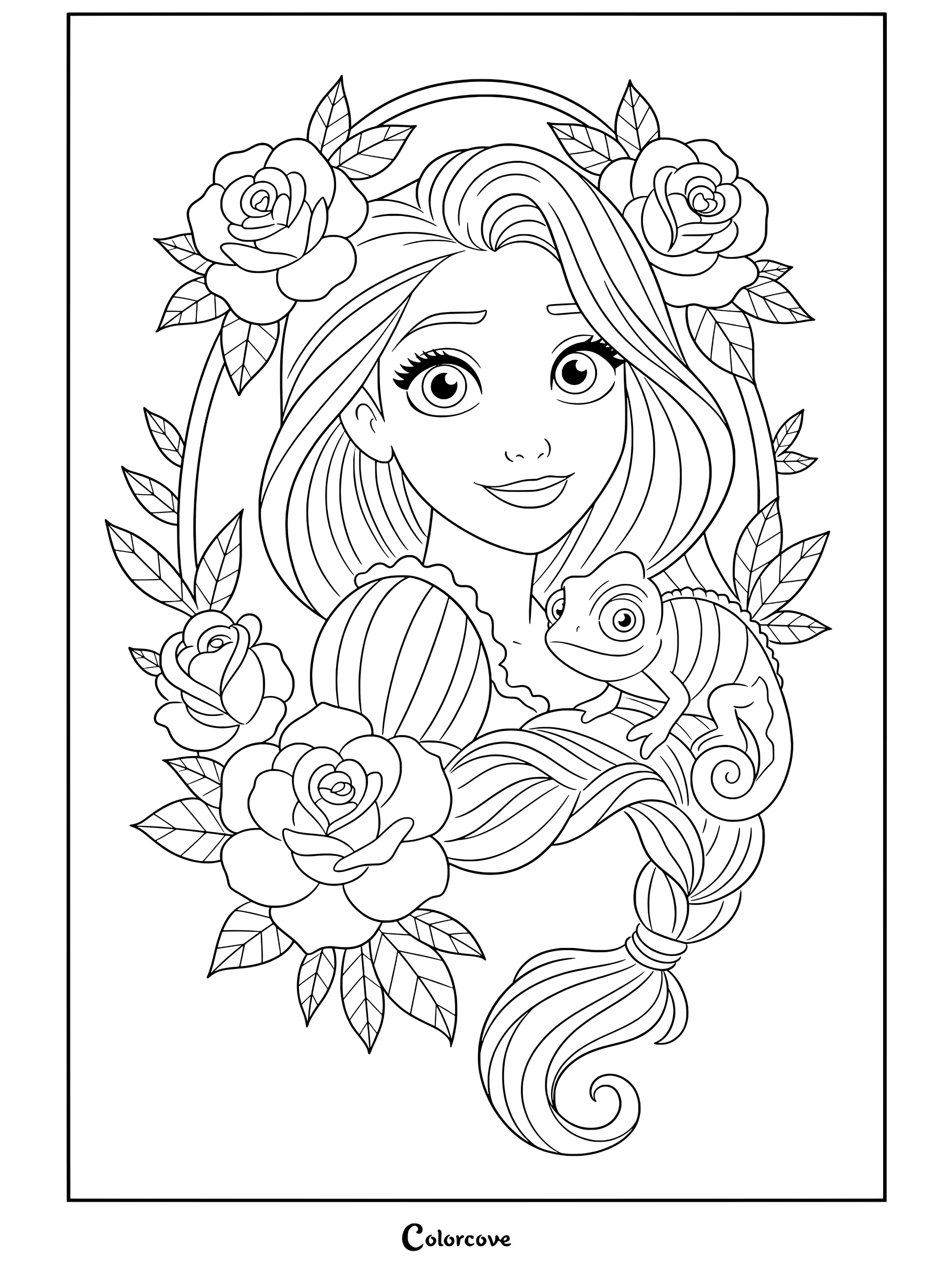 Portrait de Raiponce de Raiponce avec Pascal et des roses roses dans un cadre floral, coloriage
