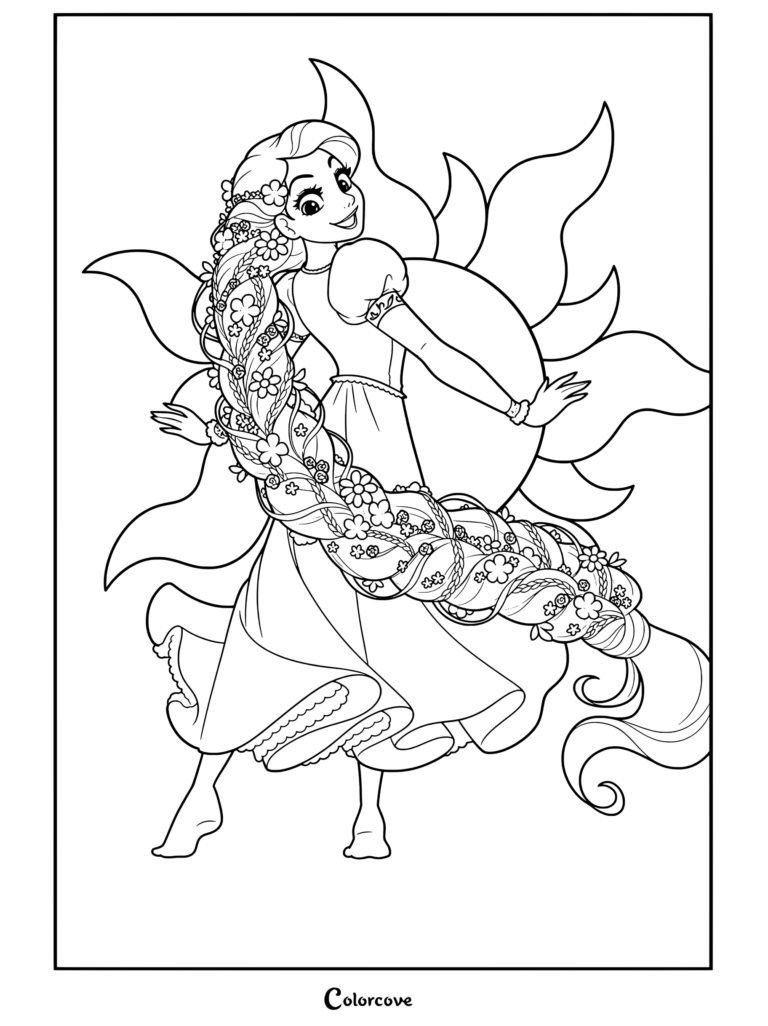 Coloriage de Raiponce présentant Raiponce souriant joyeusement avec de longs cheveux tressés ornés de fleurs et portant une robe violette devant le symbole du soleil